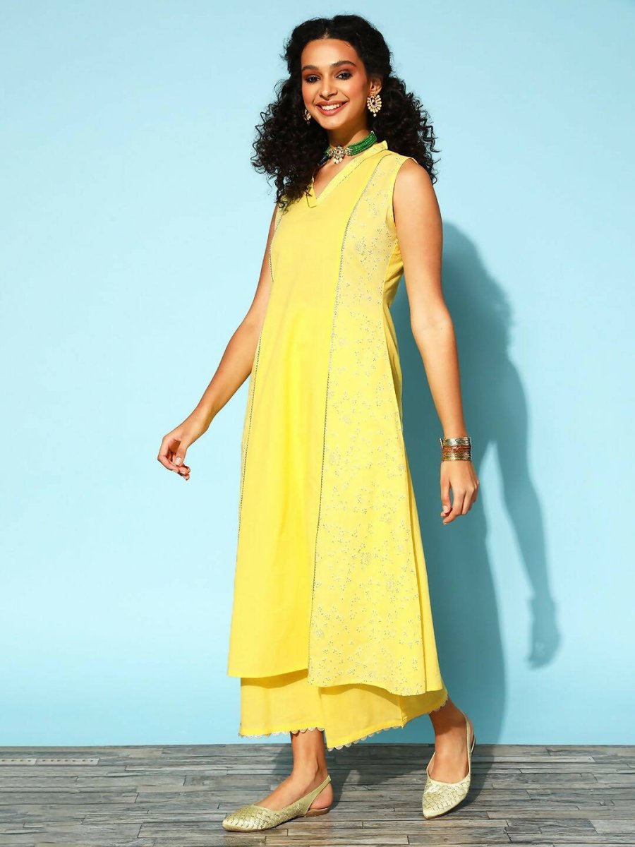 Ahalyaa Women Yellow Colour Cotton Printed Kurta Palazzo Set