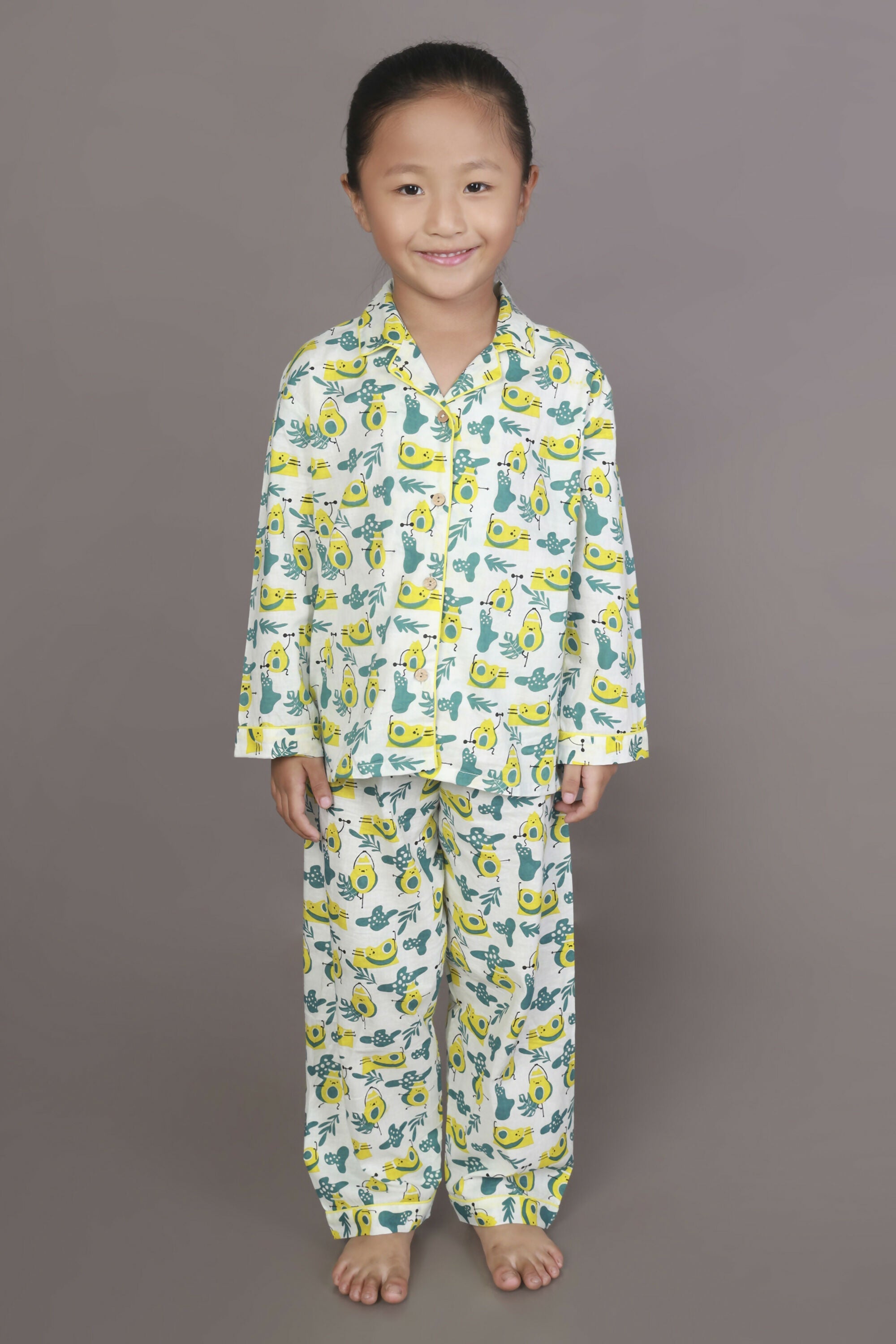 Breathables Kids Cotton Night Suit – White Avocado Print Shirt & Pyjama Co-Ord Set For Boys & Girls
