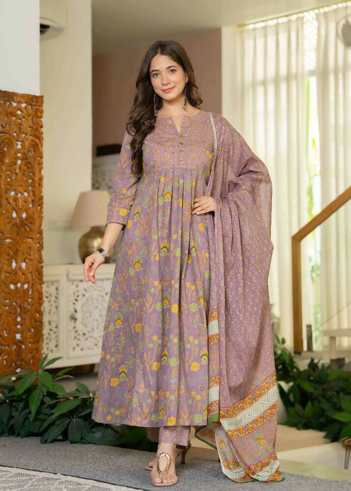 Jaimini Women Cotton Printed Round Neck 3/4 Sleeves Calf Length Flared Kurta Pant And Dupatta Set