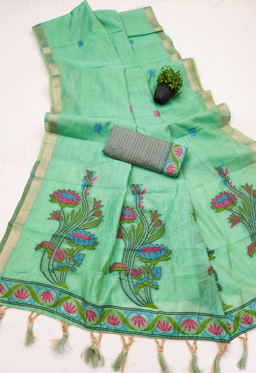 Vastranavya Turquoise Muga Cotton Meenakari & Azarakh Pallu Saree with Contrast Blouse