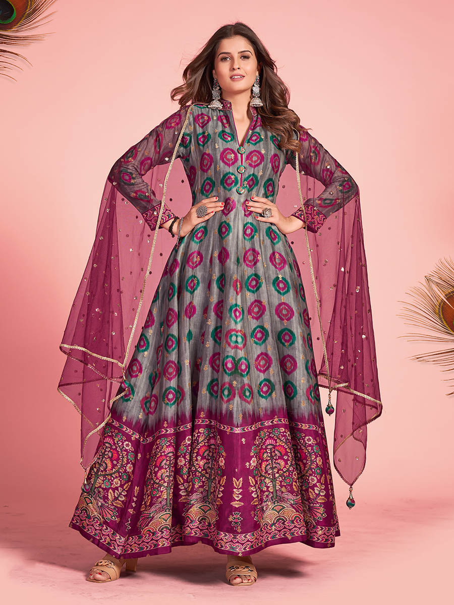 Myra Multicolour Pure Dola Silk Designer Gown Style Suit