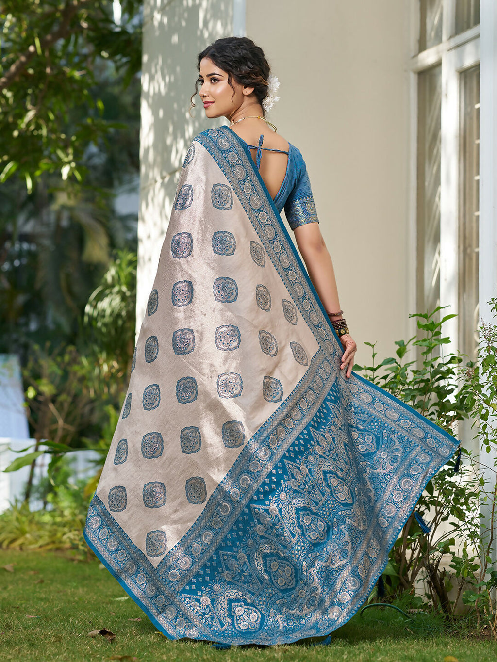 Shree Shyam Fashion Cream With Blue Silk Blend Saree