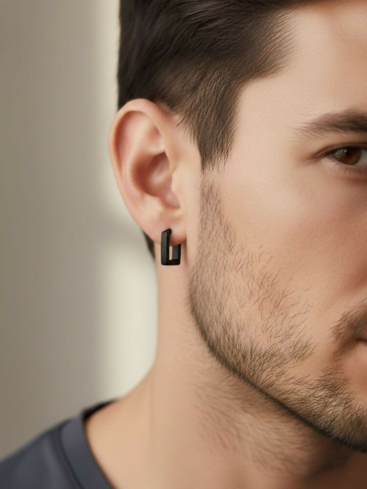 NVR Men's Black Rhodium Plated Geomatric Shaped Hoop Earrings