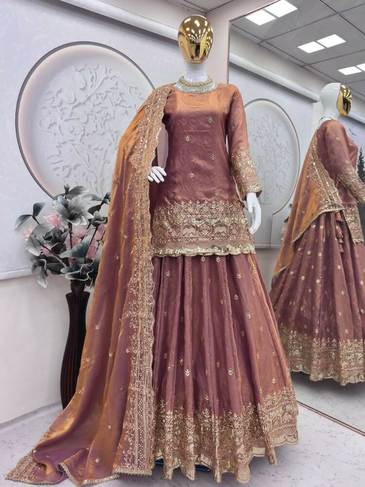 Teeya Creation Onion Color Fendy Satin Heavy Embroidery Work Wedding Wear Stitched Lehenga Choli
