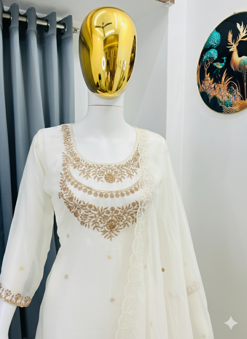 Teeya Creation Cream Color Fendy Satin Silk Heavy Embroidery Work Sharara Suit