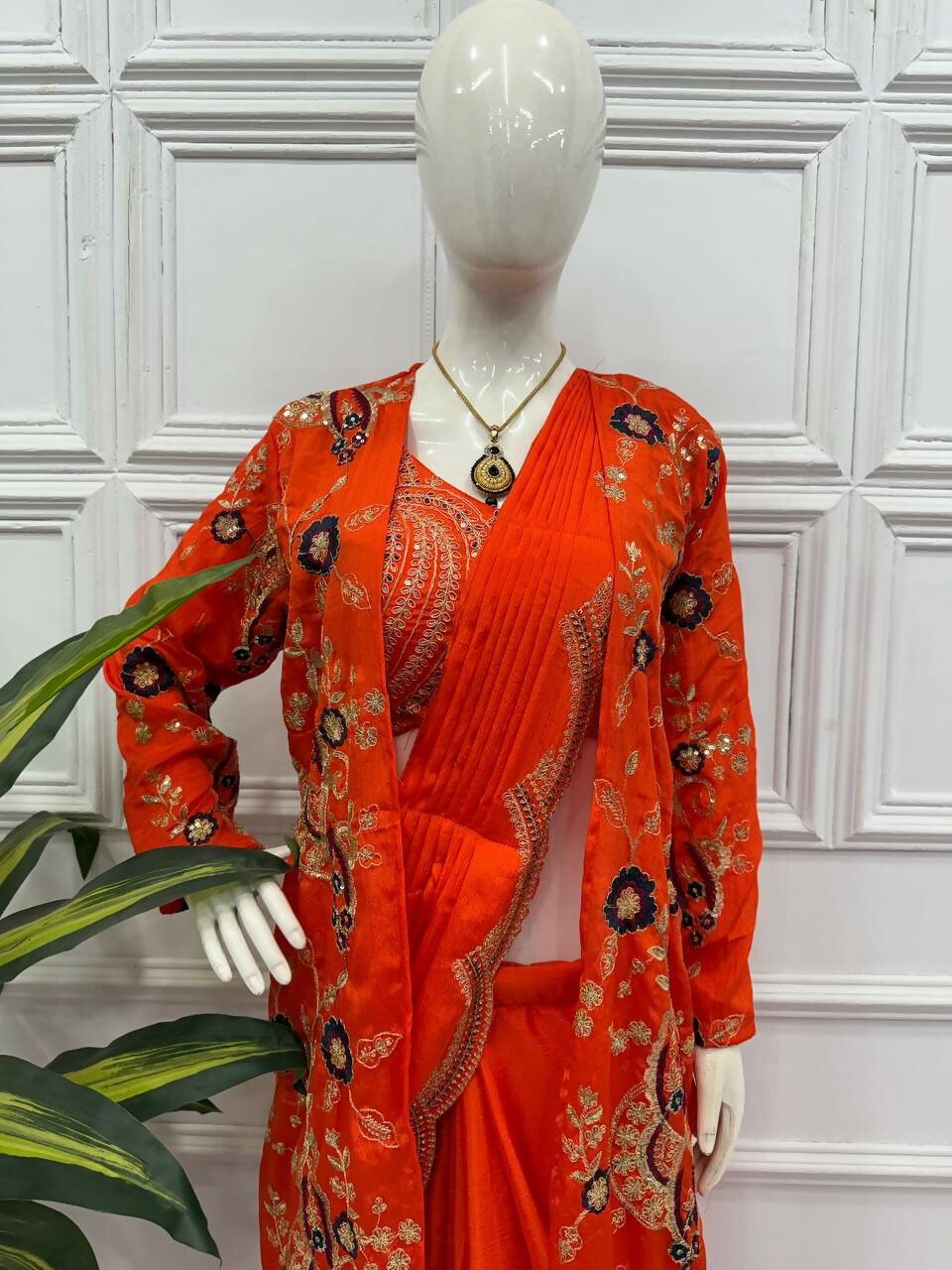 Teeya Creation Orange Color Chinon Silk Designer Embroidery Work Ready To Wear Saree With Koti