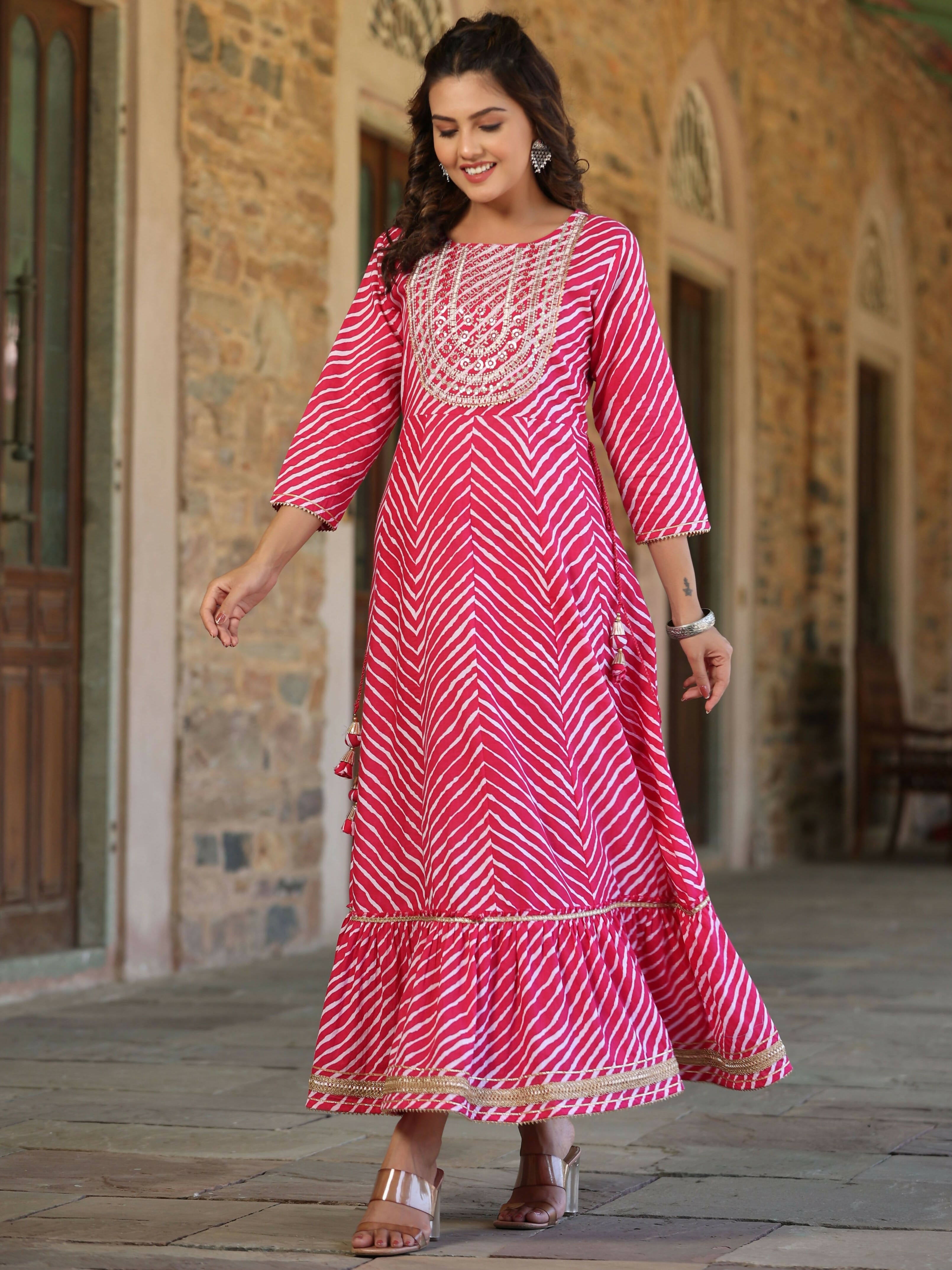 Juniper Women's Fuschia Printed Embroidered Mirror Work Sequin Cotton Flared Dress