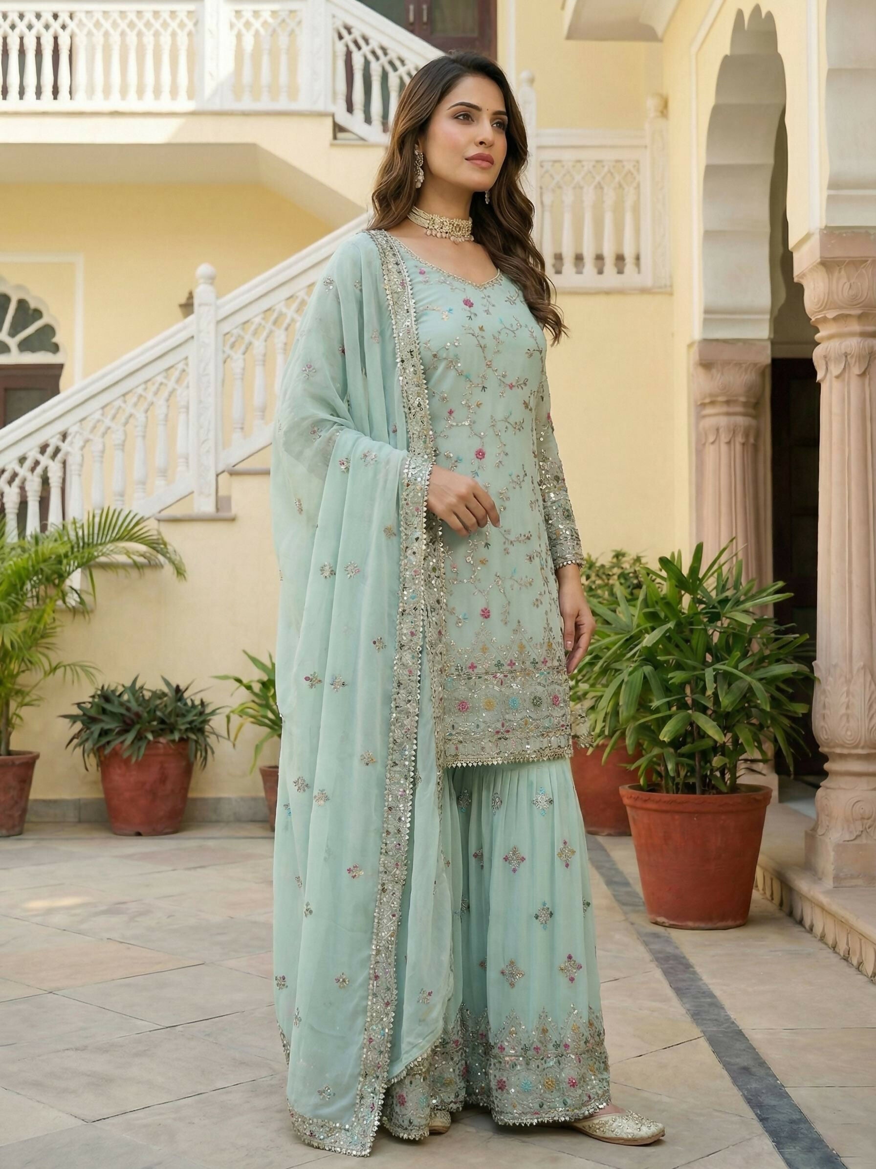 Teeya Creation Sky Faux Georgette Multi Thread Work Wedding Wear Sharara Set