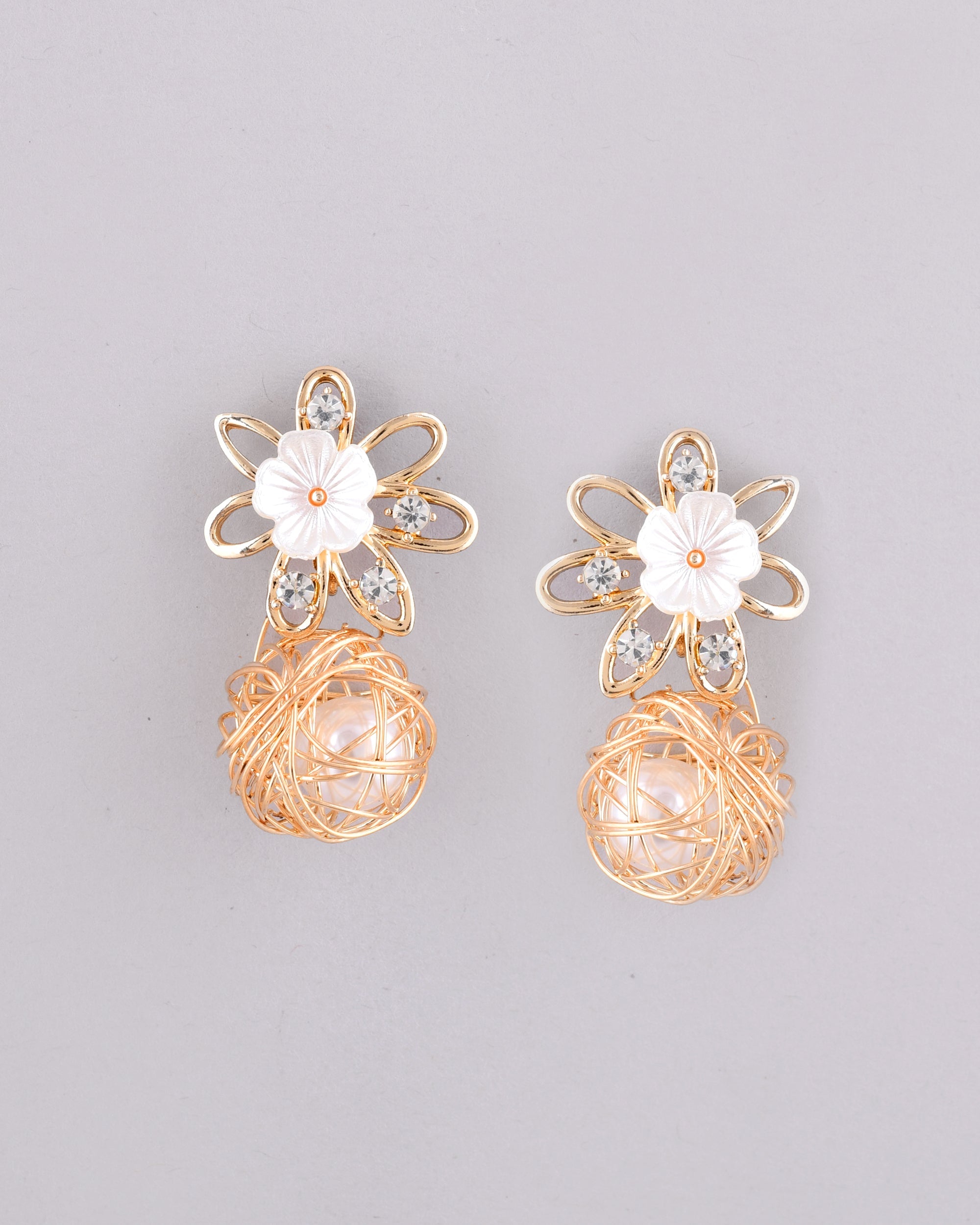VOJ Women Gold-Polished Flower Peral Studs Earrings