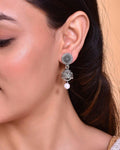 VOJ White Bead Studded Circular Oxidised Silver Plated Contemporary Jhumka
