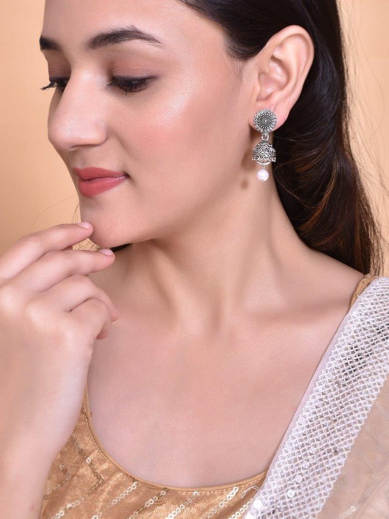 VOJ White Bead Studded Circular Oxidised Silver Plated Contemporary Jhumka