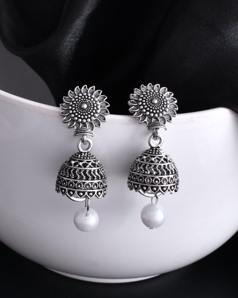 VOJ White Bead Studded Circular Oxidised Silver Plated Contemporary Jhumka