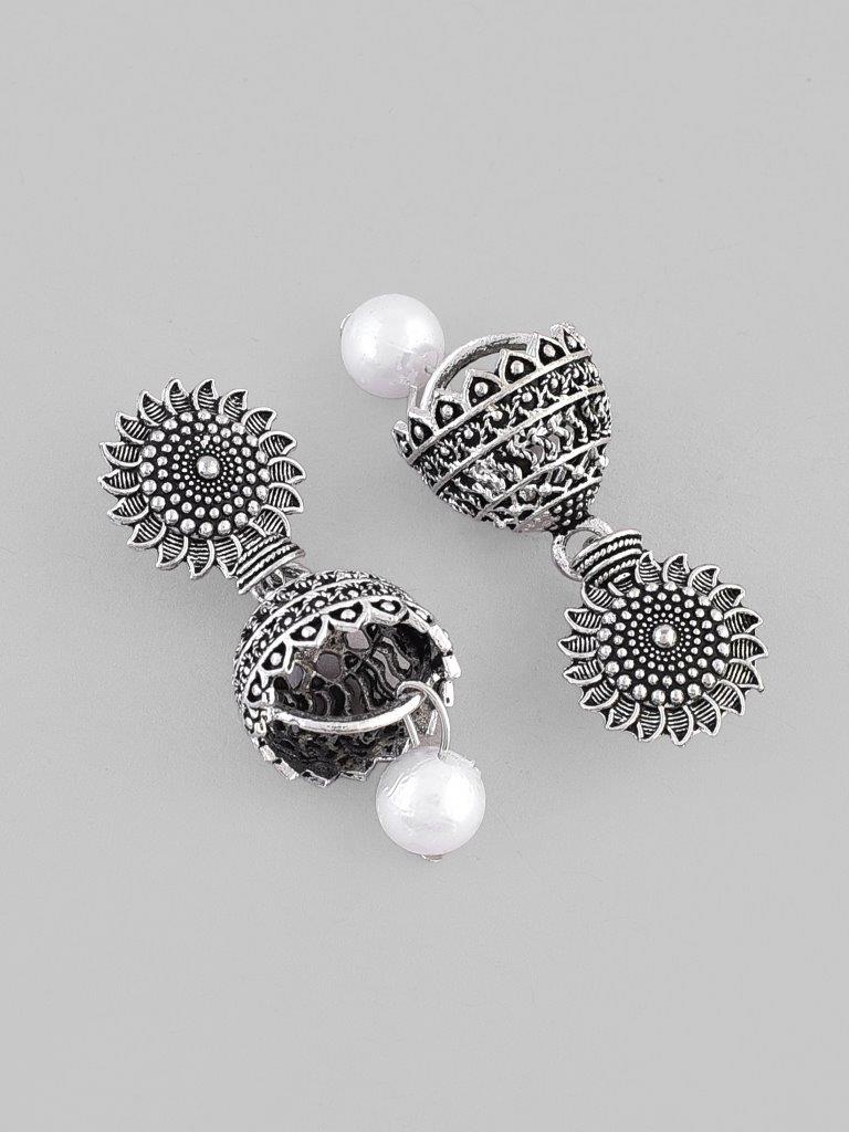 VOJ White Bead Studded Circular Oxidised Silver Plated Contemporary Jhumka