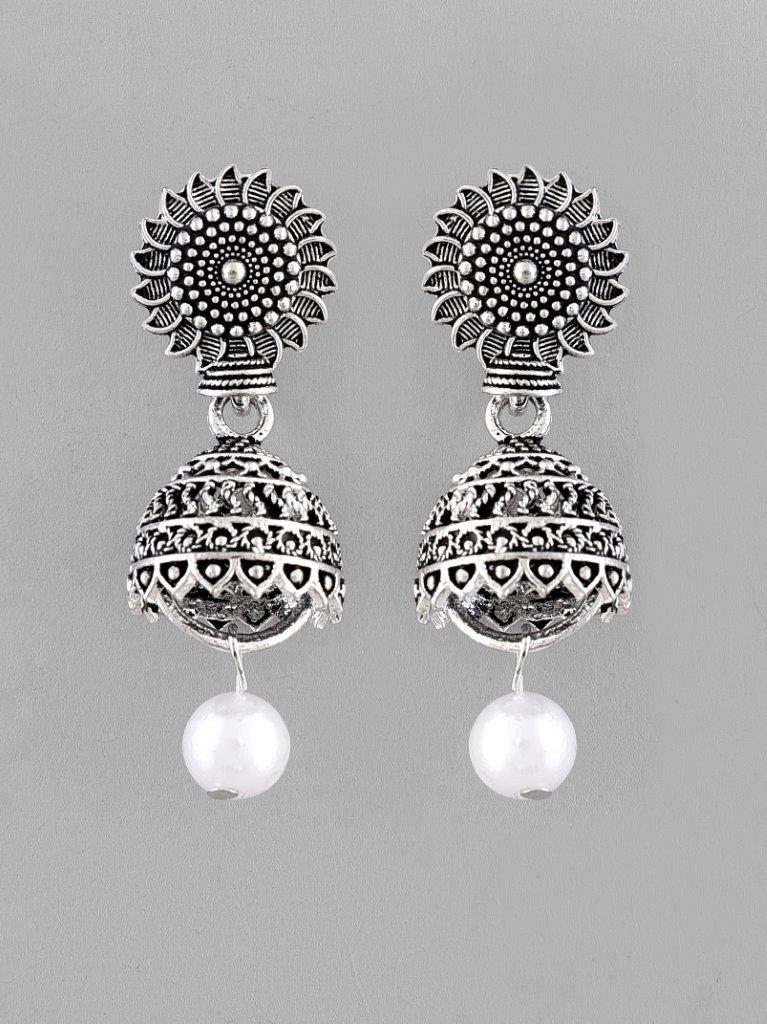 VOJ White Bead Studded Circular Oxidised Silver Plated Contemporary Jhumka