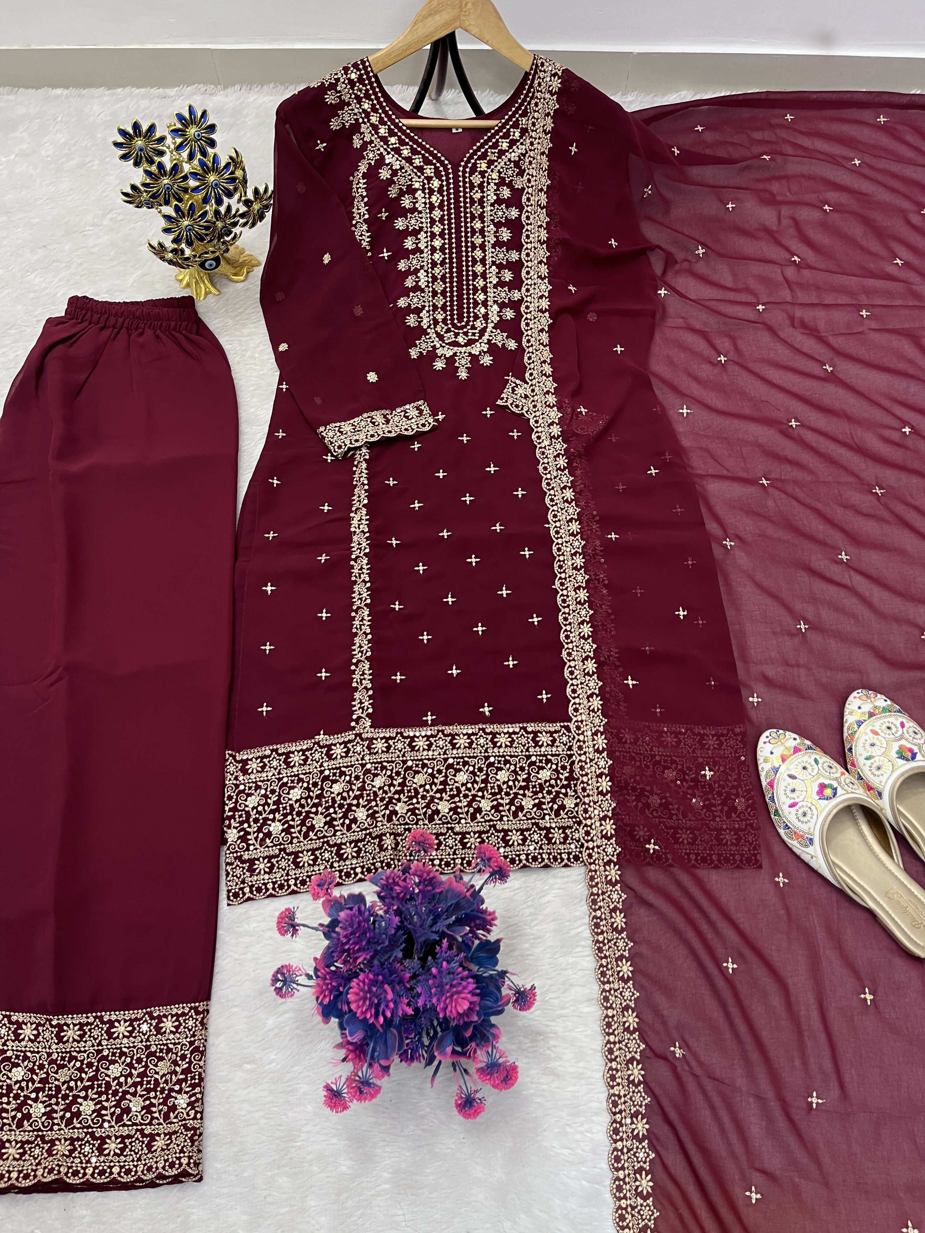 Teeya Creation Maroon Color Faux Georgette Embroidery Work Party Wear Salwar Suit