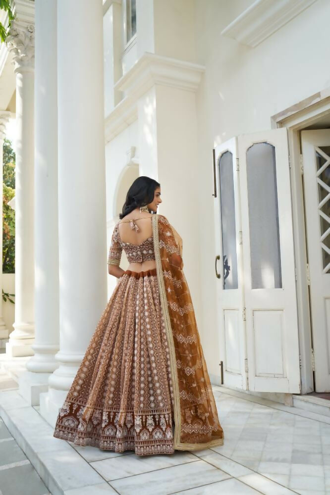 Aastha Fashion Brown Butterfly Net White Cotton Thread Work And Sequence Work Embroidery Wedding Wear Lehenga Choli