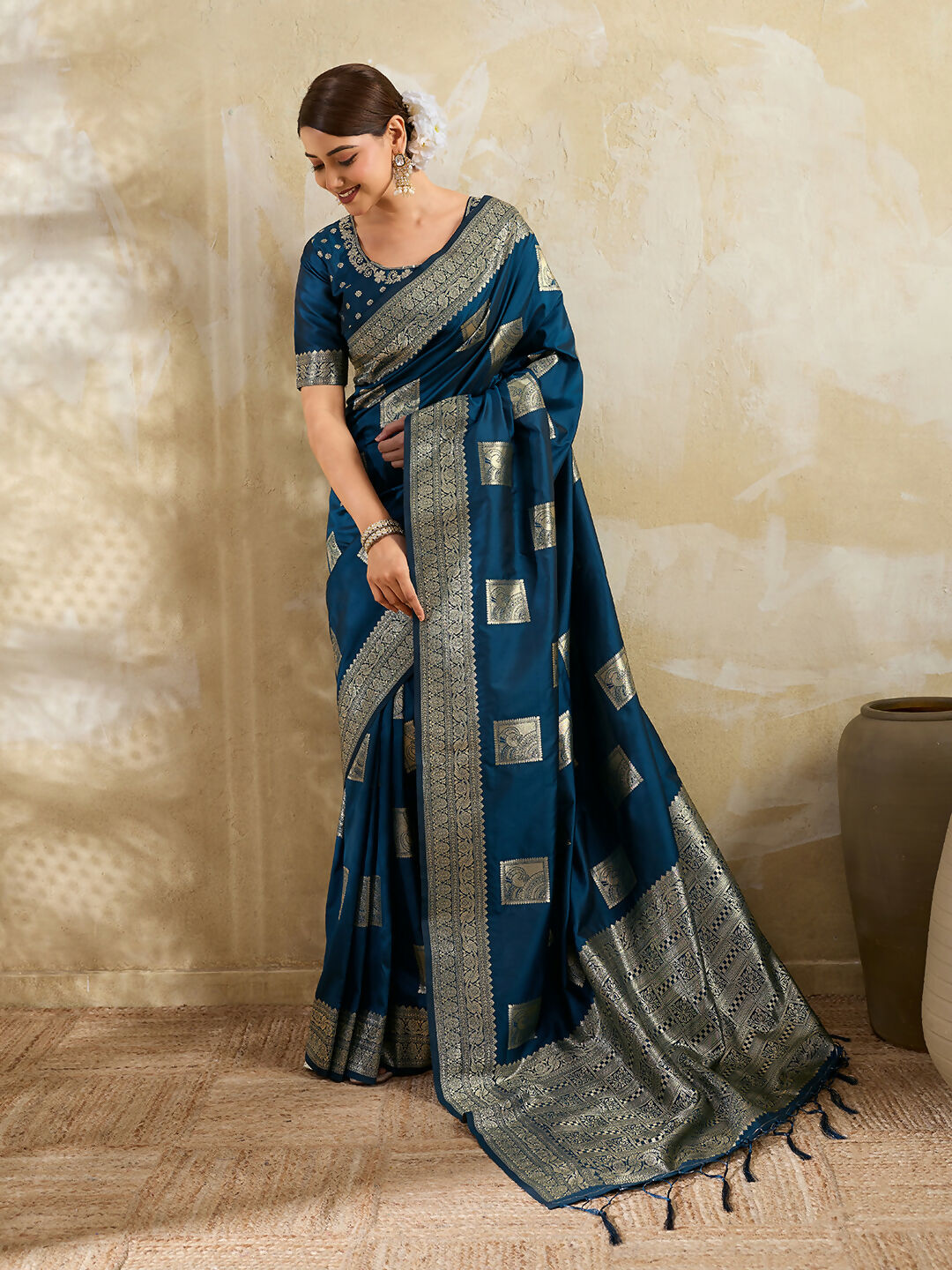 Shree Shyam Fashion Teal Blue Silk Blend Saree