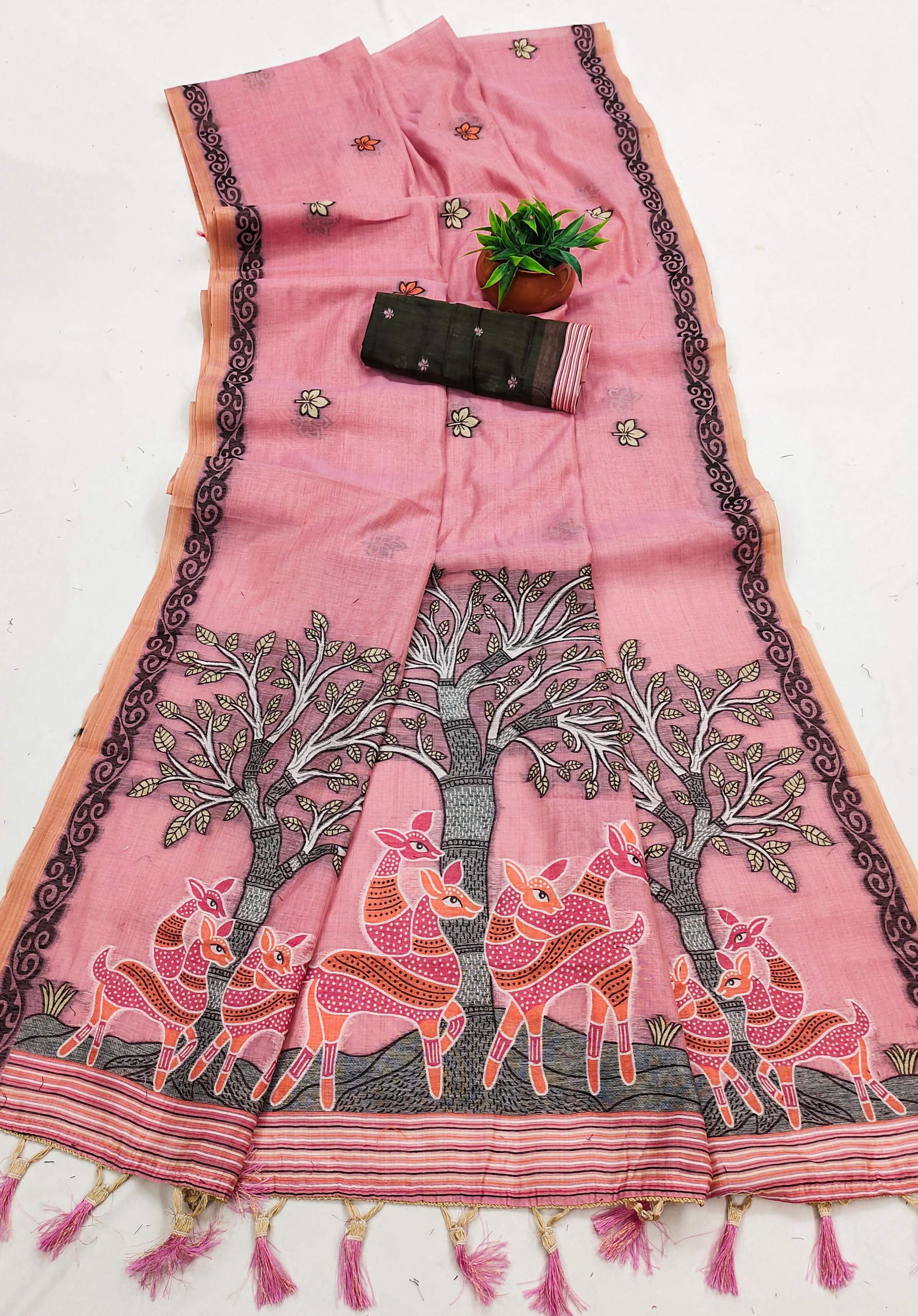 Vastranavya Pink Muga Cotton Meenakari & Azarakh Pallu Saree with Contrast Blouse