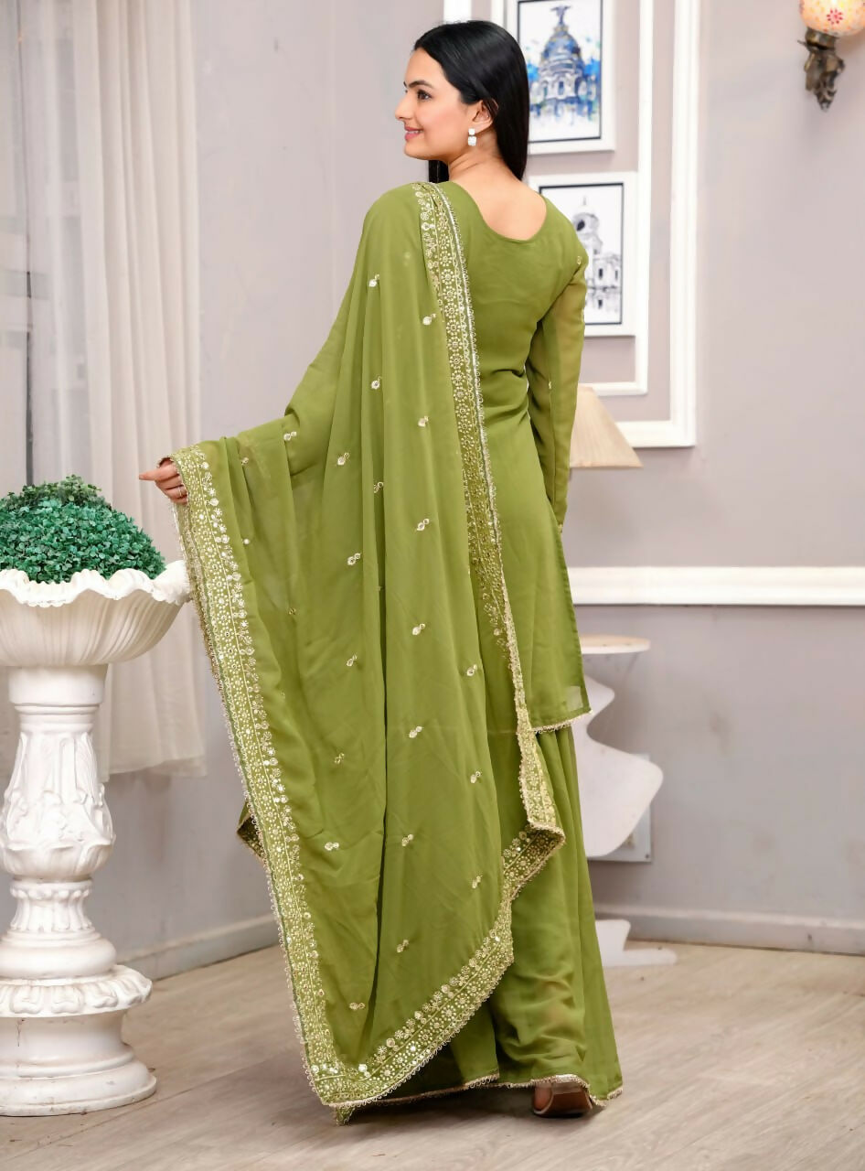 Teeya Creation Mehendi Green Faux Georgette Embroidery Work Sharara Set