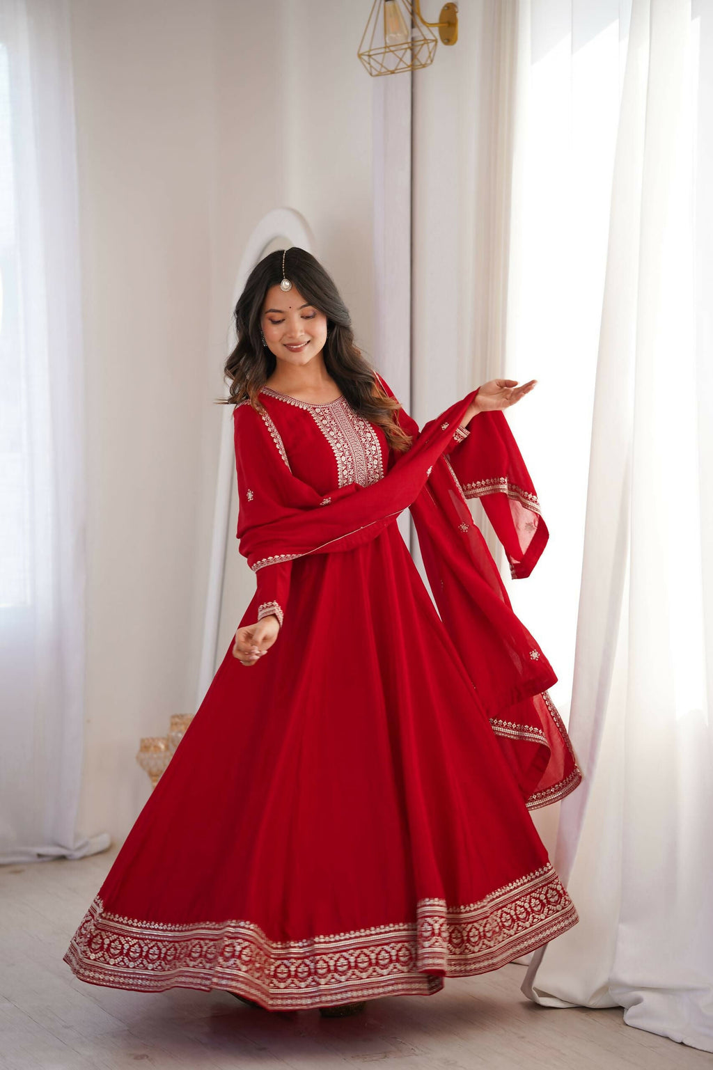Teeya Creation Maroon Color Vichitra Silk Embroidery Work Party Wear Long Gown