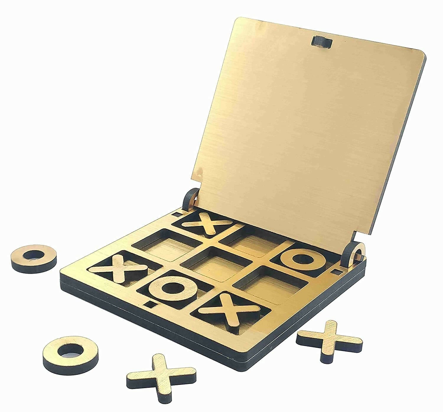 Kraftsman Wooden Tic Tac Toe Portable Game for Kids, Teens and Adults with Golden Mirror Shade Strategy & War Games Board Game