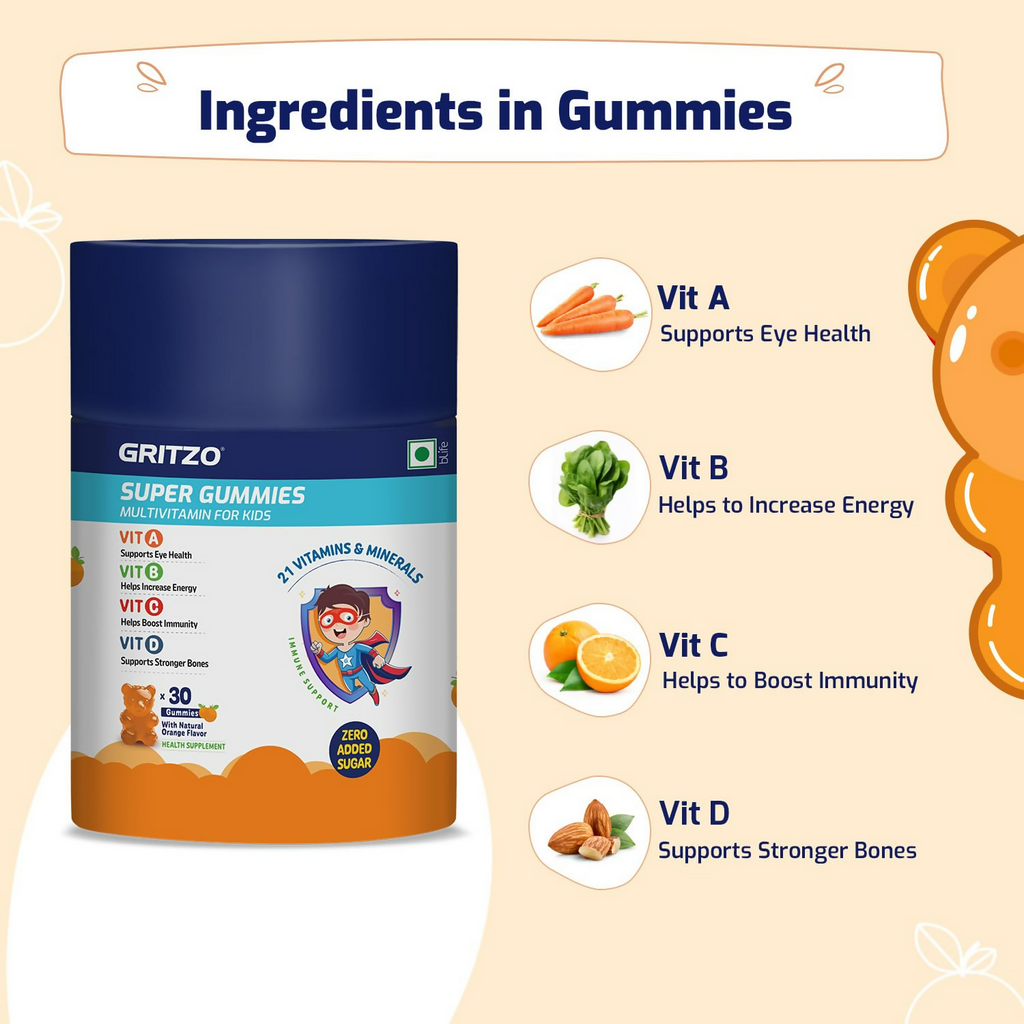 Gritzo Super Gummies, Multivitamin for Kids (Natural Orange Flavour)