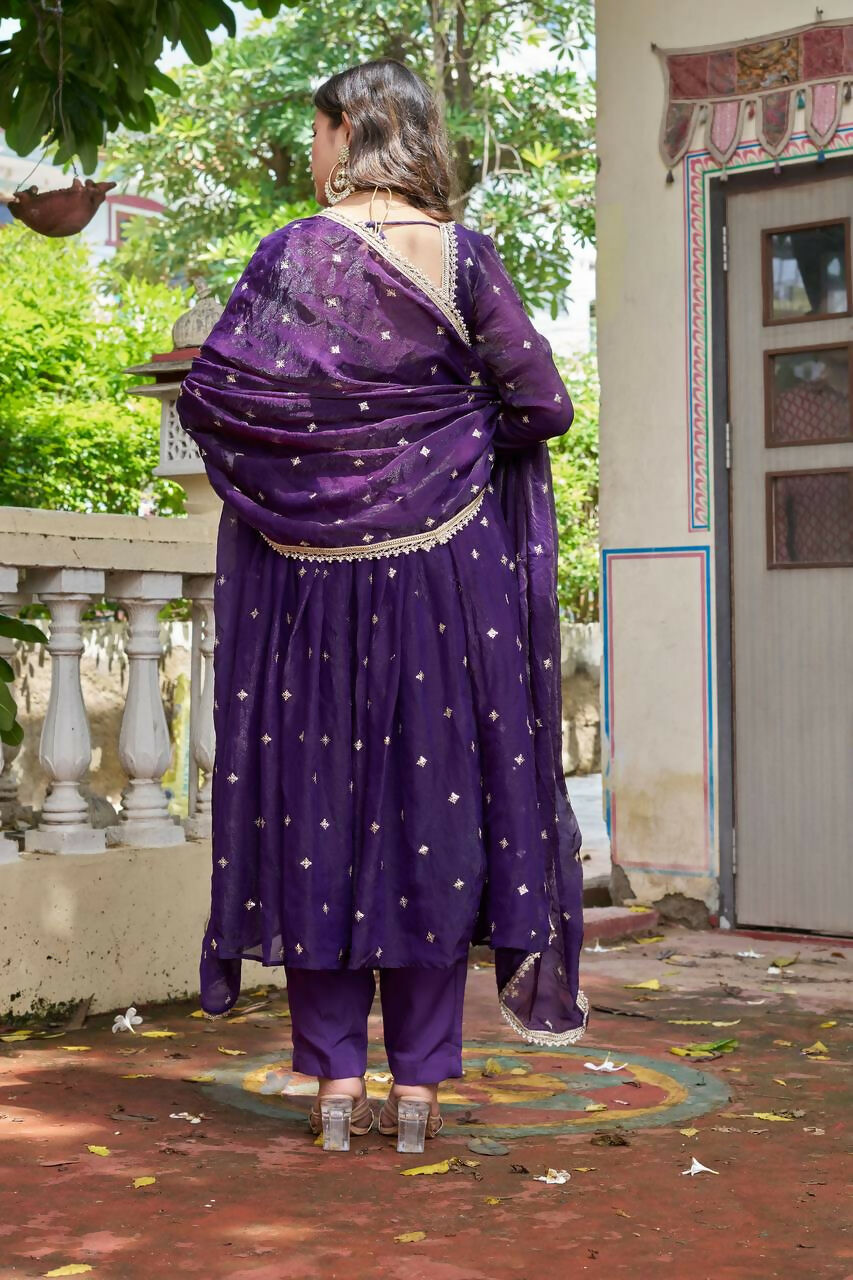 Lehenga Mart Designer Anarkali Suit With Kurta, Pant, Dupatta For Women-Violet