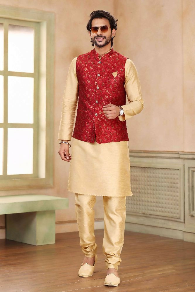 Raivat Ethnic Jacquard Banarasi Silk Woven Work 3 Pics Jacket Set In Maroon Colour