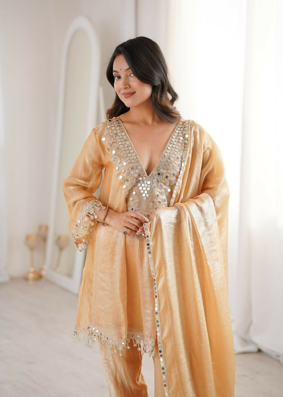 Teeya Creation Womens New Trending Fendy Fabric With Real Mirror With Coding Embroidered Lace Work Kurta Set
