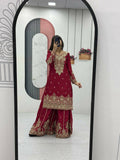 Teeya Creation Womens New Wedding Wear Heavy Embroidery Thread Work Maroon Kurta Set