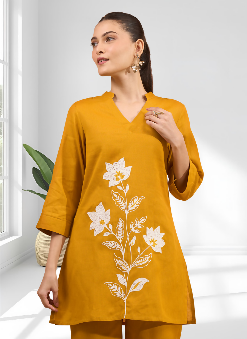 Joban Fashion Mustard Cotton, Linen Embroidered Readymade Cord Set