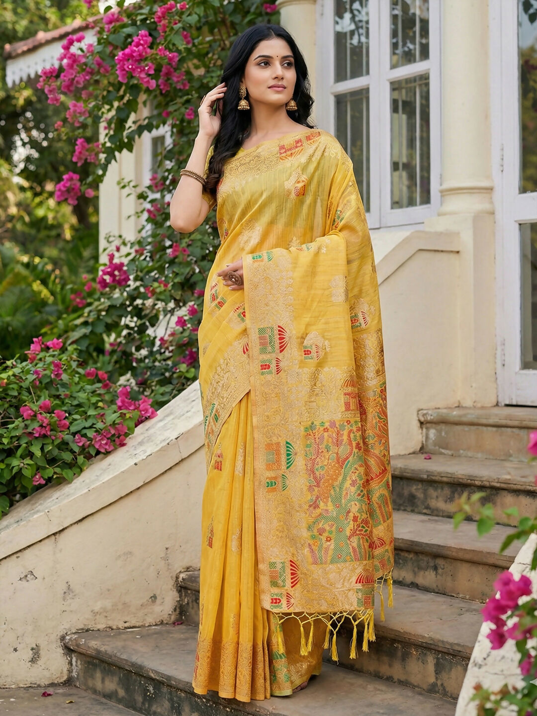 Shree Shyam Fashion Yellow Linen Cotton Saree