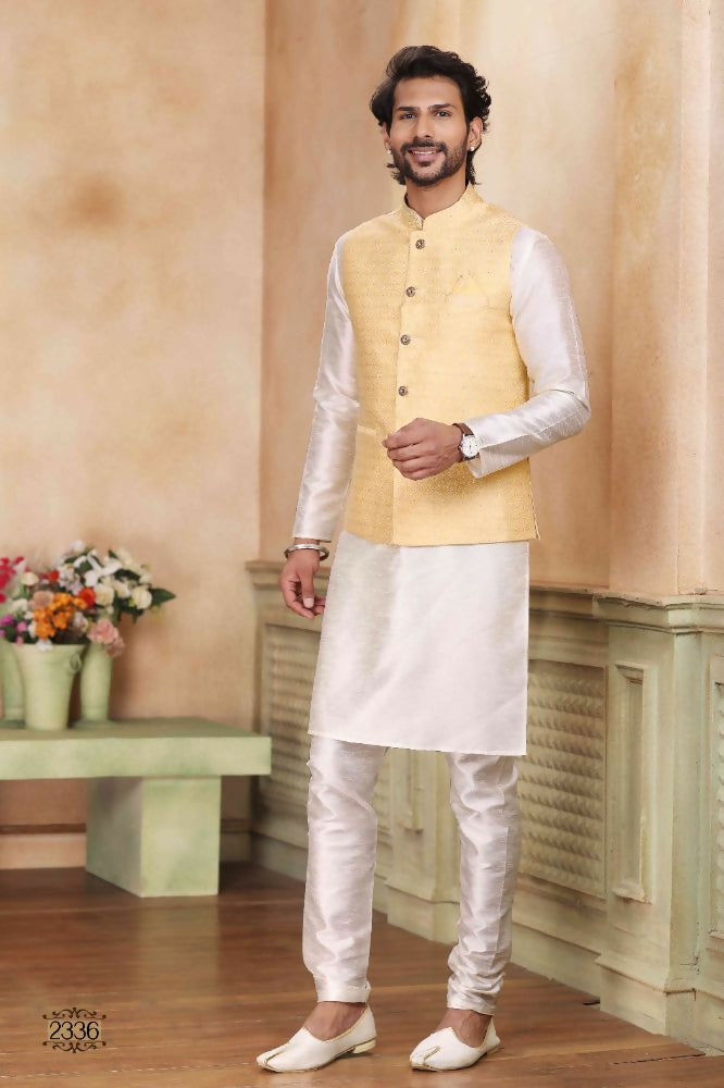 Raivat Ethnic Jacquard Banarasi Silk Woven Work 3 Pics Jacket Set In Yellow Colour