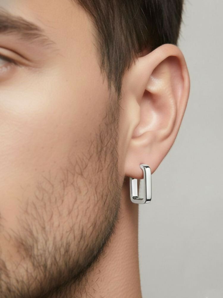NVR Men's Silver Plated Geomatric Shaped Hoop Earrings
