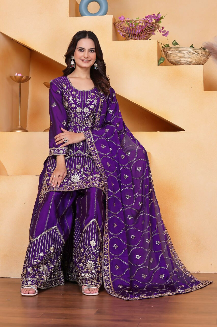 Teeya Creation Purple Color Chinon Silk Embroidery Work Wedding Wear Palazzo Set