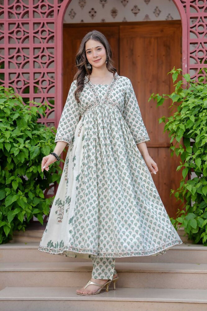 Jaimini Women Cotton Printed V-Neck 3/4 Sleeves Calf Length Flared Kurta Pant And Dupatta Set