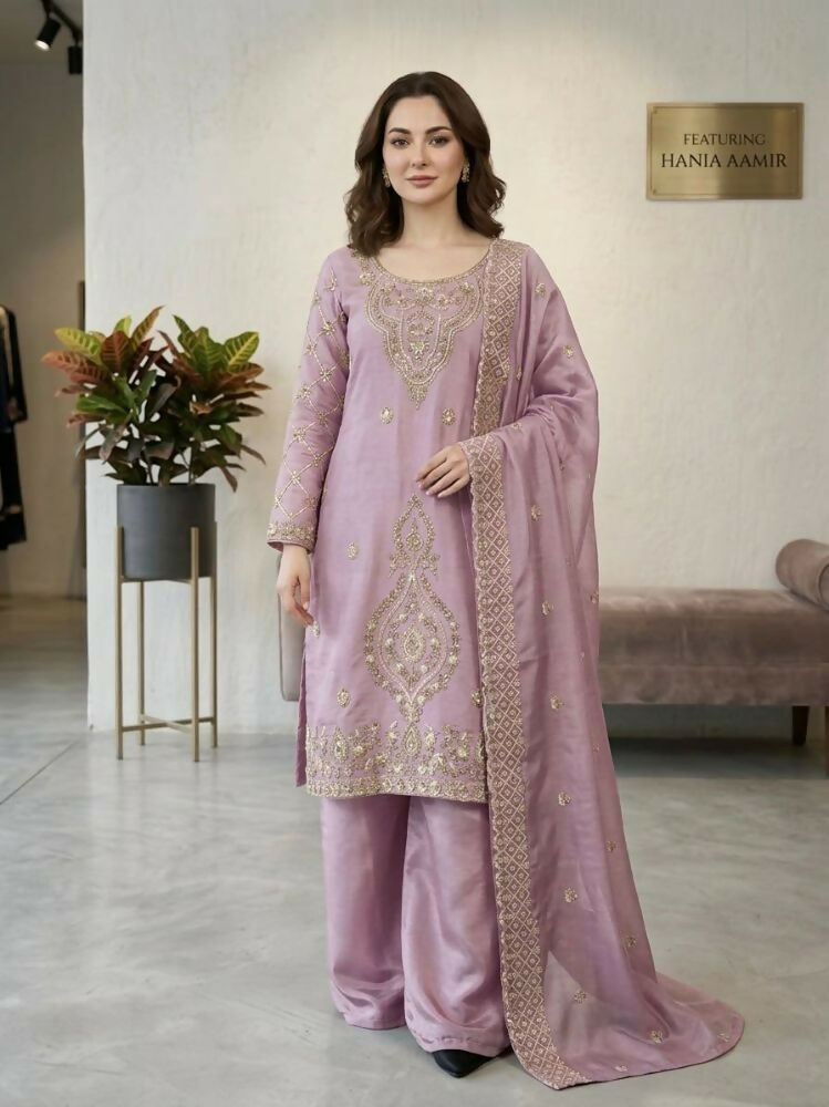 Teeya Creation Onion Color Gimmychu Silk Embroidery Work Wedding Wear Salwar Suit