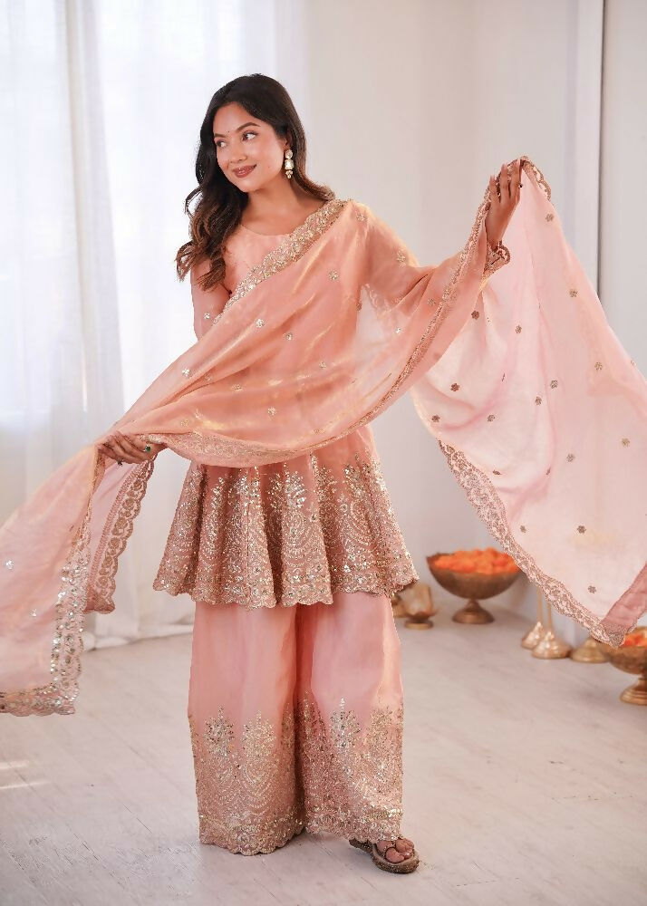 Teeya Creation Light Peach Color Fendy Satin Silk Embroidery Work Party Wear Salwar Suit