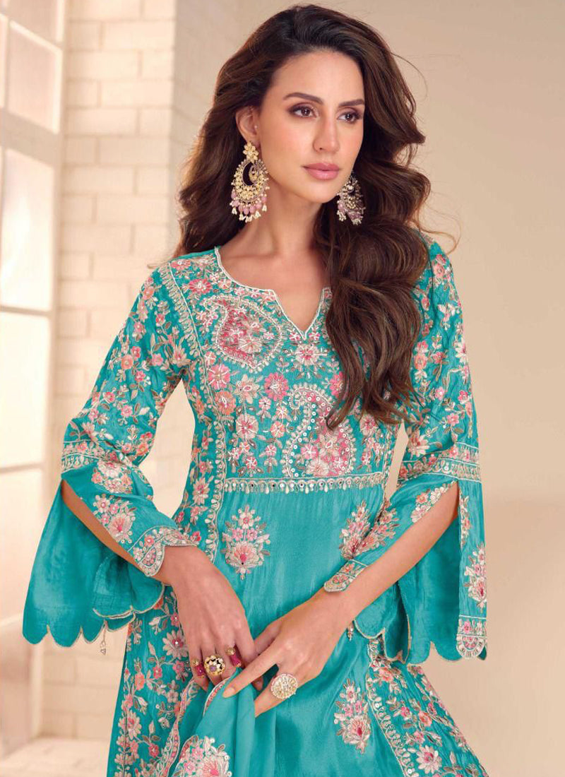 Vegaa Fashion Sky Blue Shimmer Silk Embroidered Designer Palazzo Suit