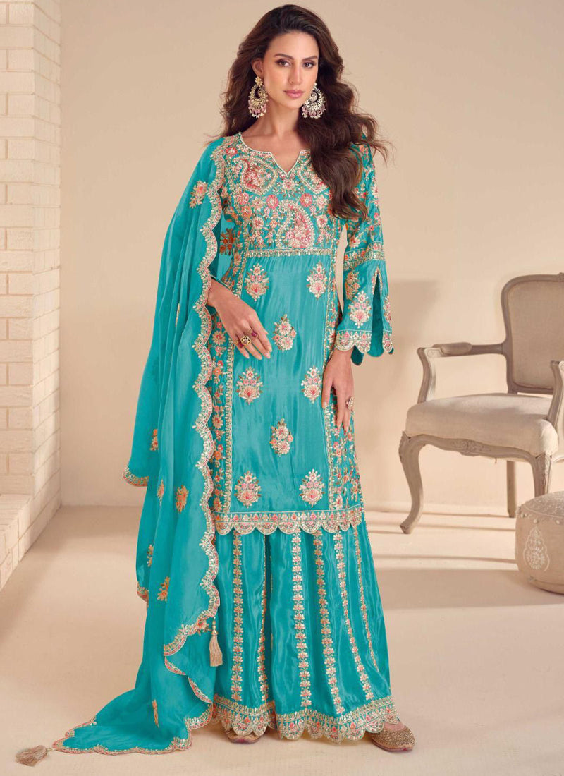 Vegaa Fashion Sky Blue Shimmer Silk Embroidered Designer Palazzo Suit