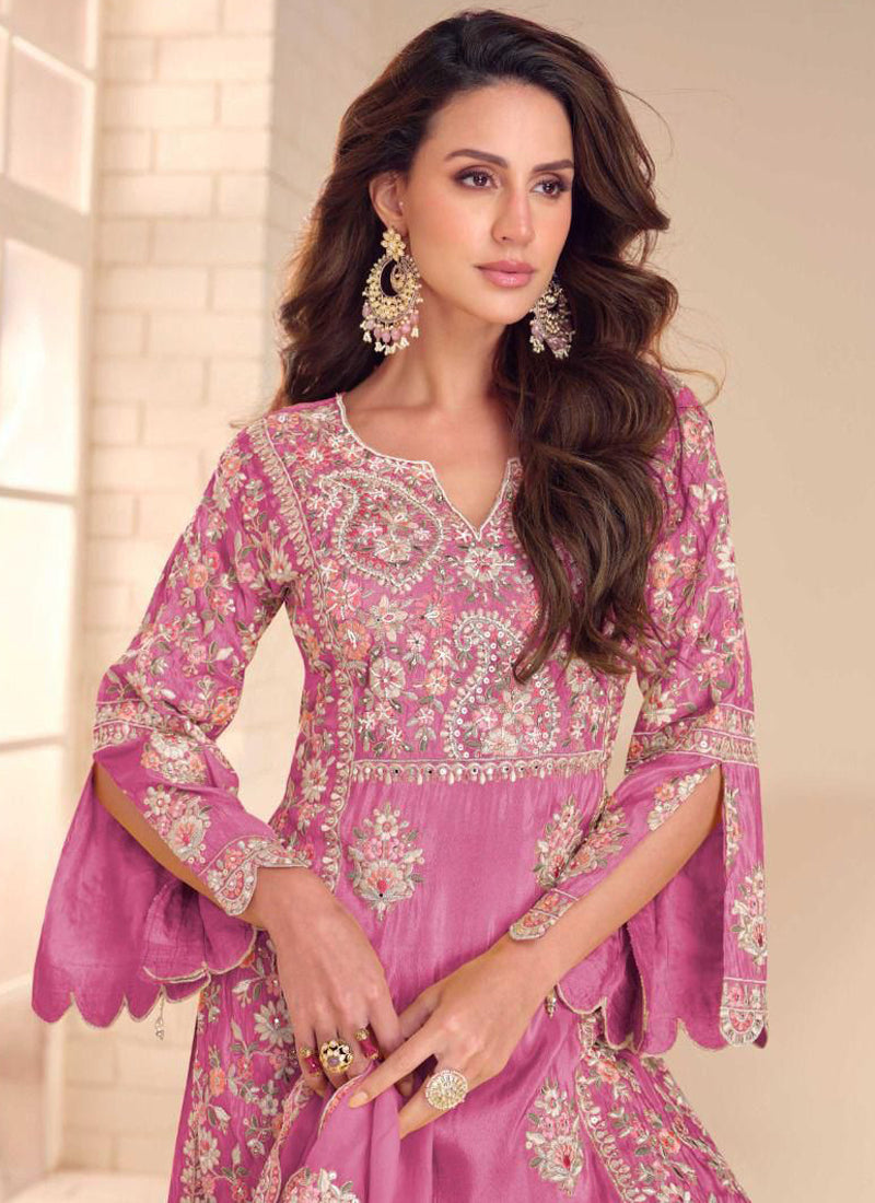 Vegaa Fashion Onion Pink Shimmer Silk Embroidered Designer Palazzo Suit