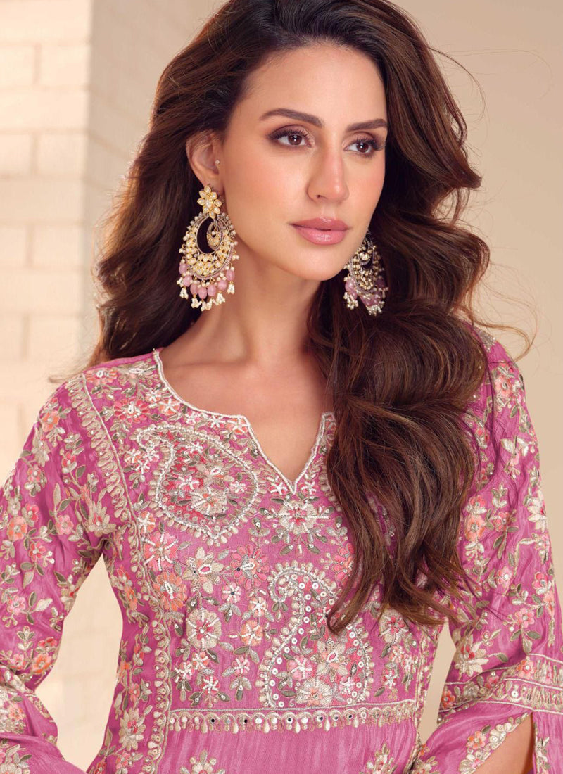 Vegaa Fashion Onion Pink Shimmer Silk Embroidered Designer Palazzo Suit