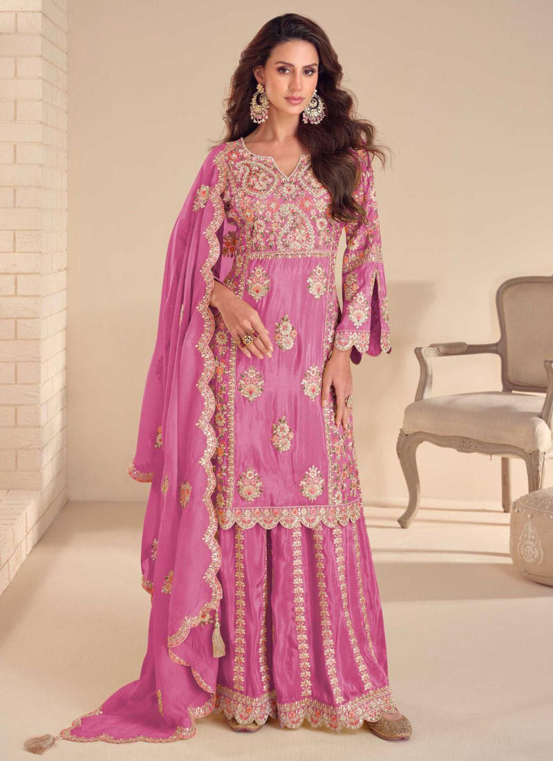 Vegaa Fashion Onion Pink Shimmer Silk Embroidered Designer Palazzo Suit