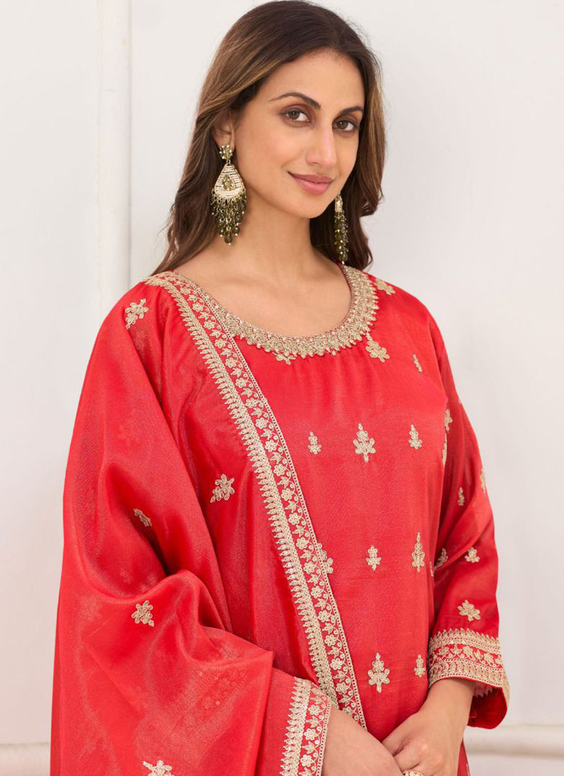 Vegaa Fashion Red Embroidery Real Simar Silk Salwar Suit