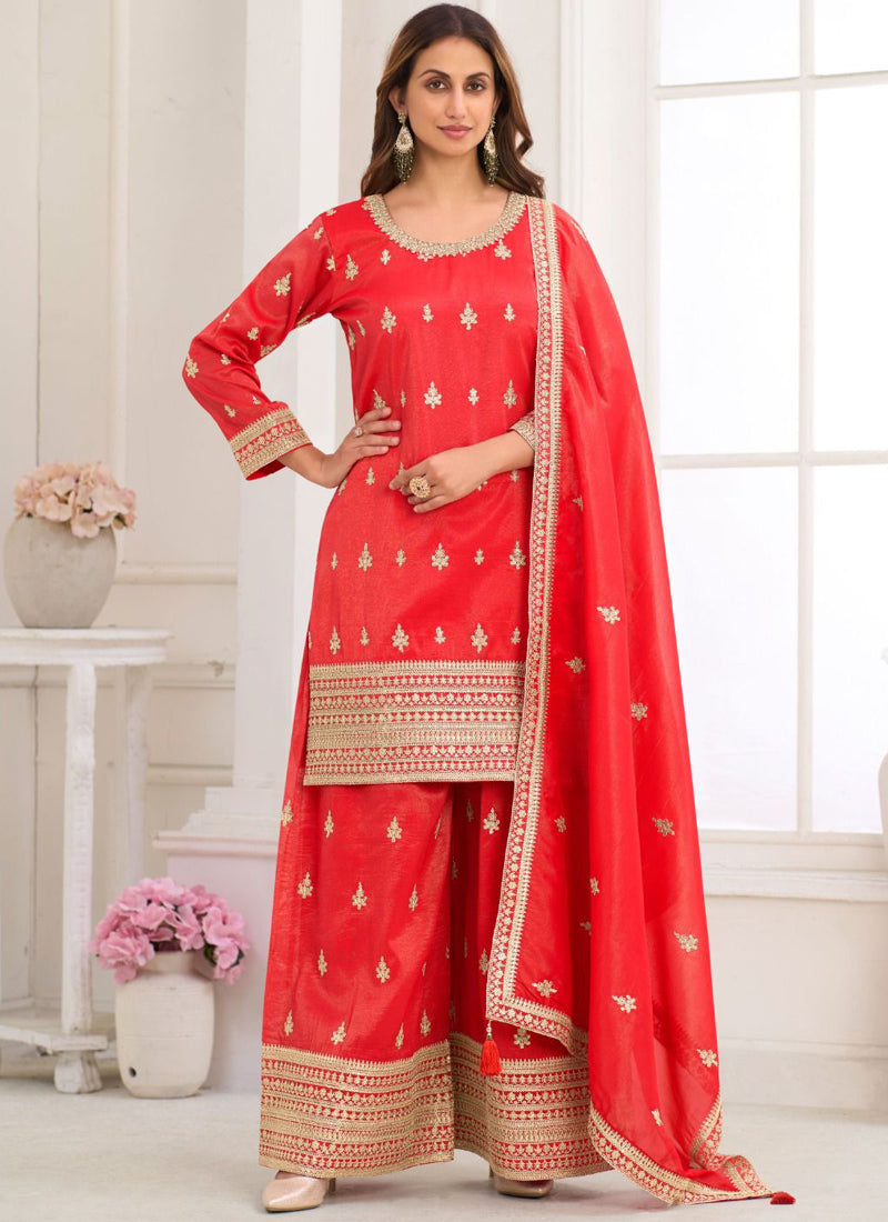 Vegaa Fashion Red Embroidery Real Simar Silk Salwar Suit