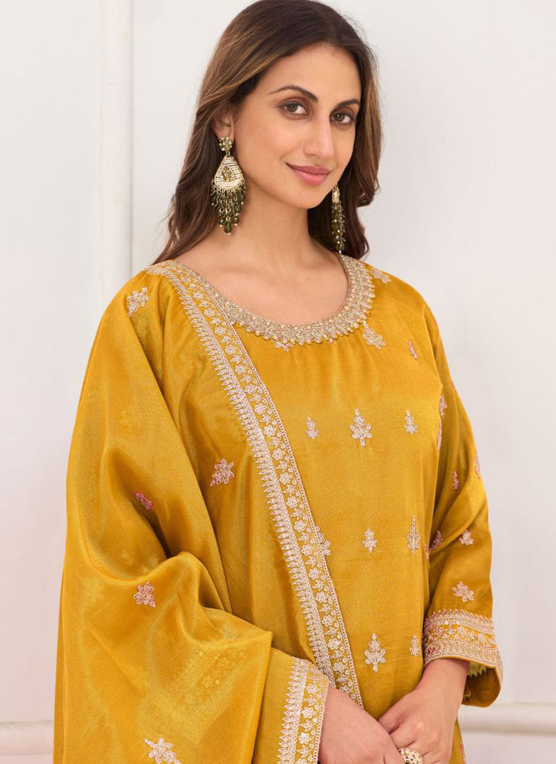 Vegaa Fashion Dark-Yellow Embroidery Real Simar Silk Salwar Suit