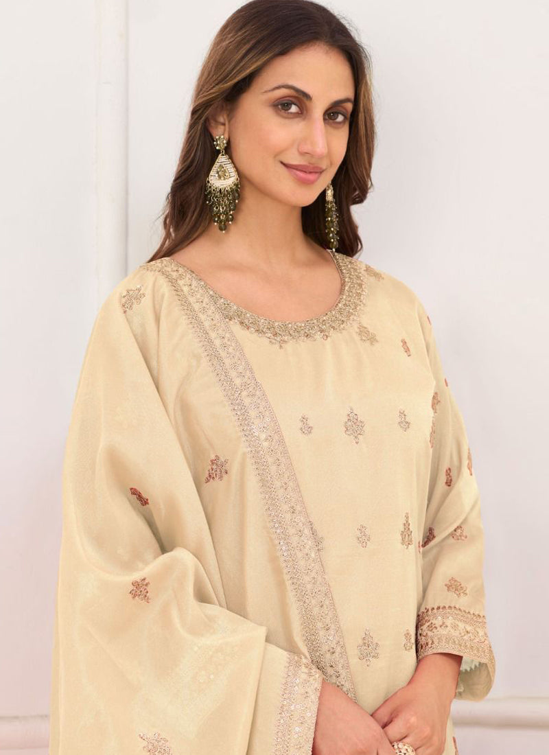 Vegaa Fashion Cream Embroidery Real Simar Silk Salwar Suit
