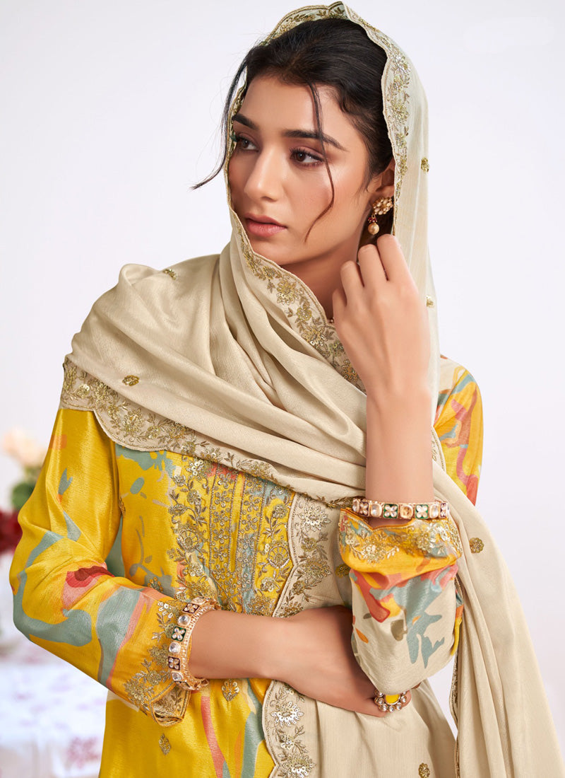 Vegaa Fashion yellow Embroidery Chinon Silk Salwar suit