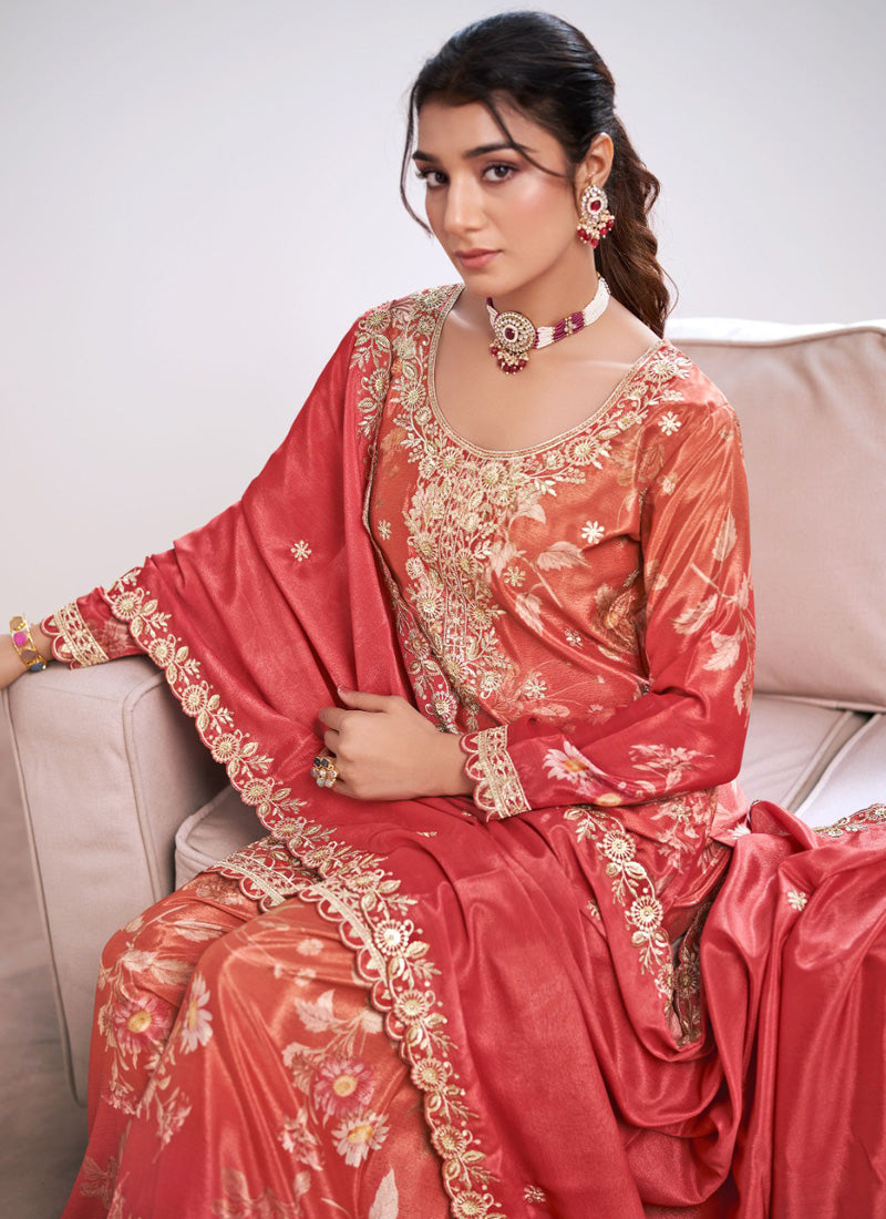 Vegaa Fashion Red Embroidery Chinon Silk Salwar suit