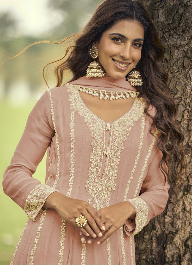 Vegaa Fashion Peach Embroiderd Premium Georgette Anarkali Suit